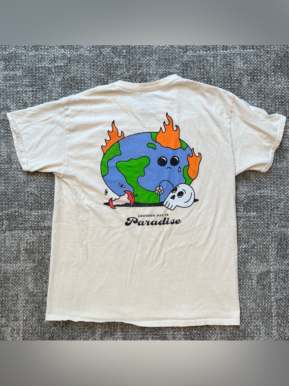 White Short Sleeve Graphic Tee Featuring Flaming Earth Design